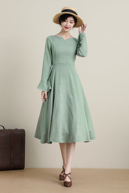 Green Polyester Swing Midi Dress - Tie Belt Long Sleeve | Xiaolizi CK2200102