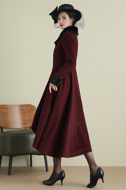 Xiaolizi Vintage Burgundy Wool Coat for Women – Handmade A-line High-Low Winter Coat with Faux Fur Collar 3895