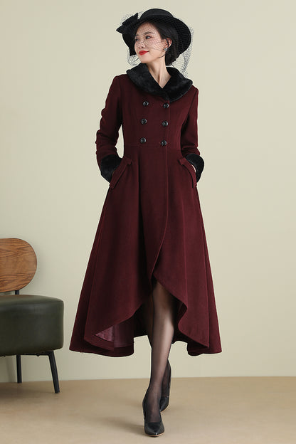 Xiaolizi Vintage Burgundy Wool Coat for Women – Handmade A-line High-Low Winter Coat with Faux Fur Collar 3895