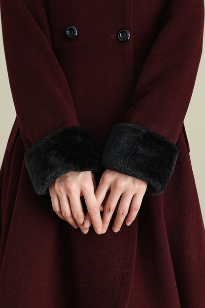 Xiaolizi Vintage Burgundy Wool Coat for Women – Handmade A-line High-Low Winter Coat with Faux Fur Collar 3895
