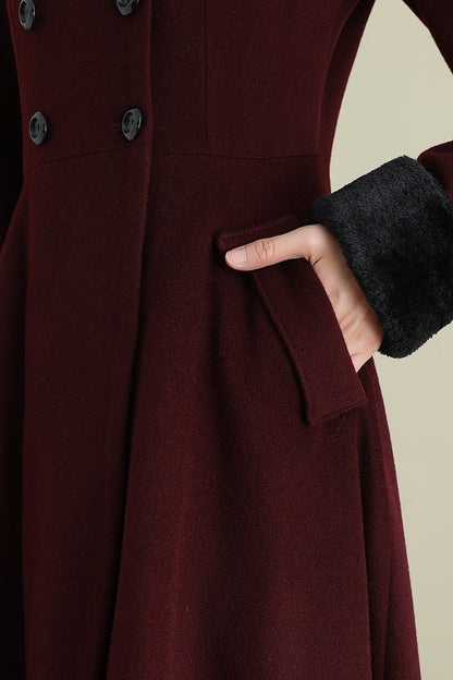 Xiaolizi Vintage Burgundy Wool Coat for Women – Handmade A-line High-Low Winter Coat with Faux Fur Collar 3895