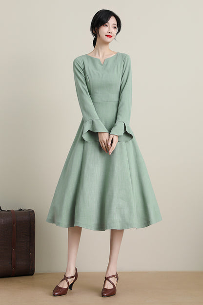 Green Polyester Swing Midi Dress - Tie Belt Long Sleeve | Xiaolizi CK2200102