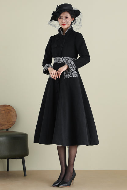 Black Wool Blend Long Coat – Vintage Inspired Mid-Calf Fit and Flare | Xiaolizi 3896