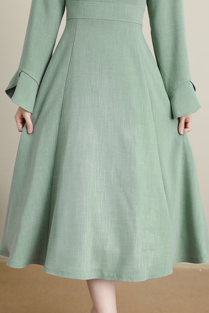 Green Polyester Swing Midi Dress - Tie Belt Long Sleeve | Xiaolizi CK2200102