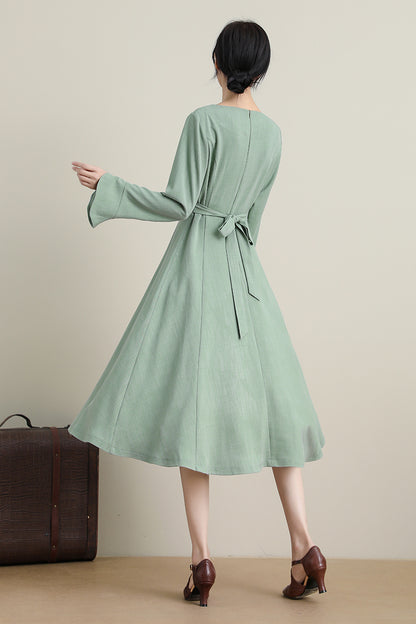 Green Polyester Swing Midi Dress - Tie Belt Long Sleeve | Xiaolizi CK2200102