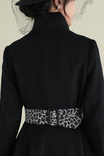 Black Wool Blend Long Coat – Vintage Inspired Mid-Calf Fit and Flare | Xiaolizi 3896