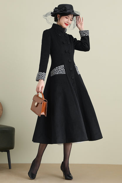 Black Wool Blend Long Coat – Vintage Inspired Mid-Calf Fit and Flare | Xiaolizi 3896