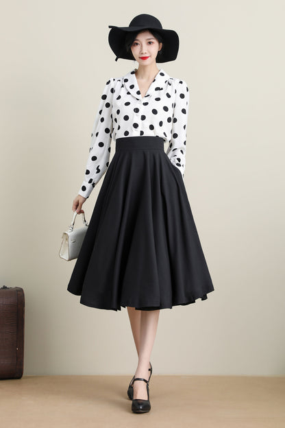 Black Cotton Linen Midi Skirt - High Waist Circle Swing | Xiaolizi 3314