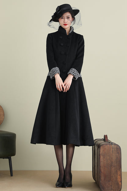 Black Wool Blend Long Coat – Vintage Inspired Mid-Calf Fit and Flare | Xiaolizi 3896