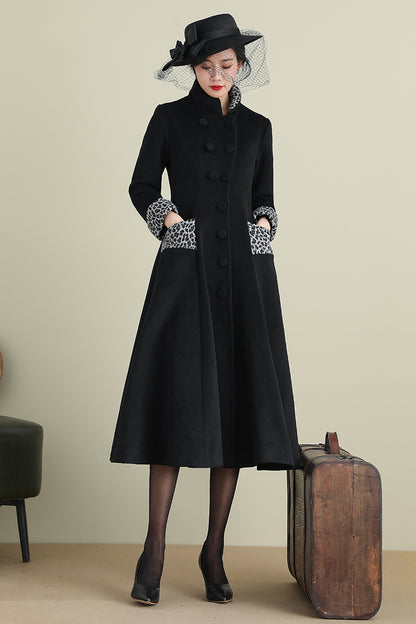 Black Wool Blend Long Coat – Vintage Inspired Mid-Calf Fit and Flare | Xiaolizi 3896