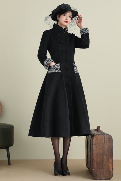 Black Wool Blend Long Coat – Vintage Inspired Mid-Calf Fit and Flare | Xiaolizi 3896