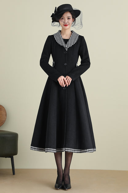 Black Wool Coat with Houndstooth Trim – Vintage Fit & Flare Long Winter Coat 3897