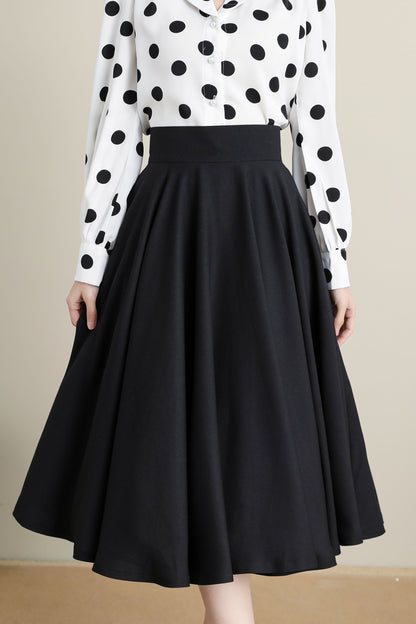 Black Cotton Linen Midi Skirt - High Waist Circle Swing | Xiaolizi 3314