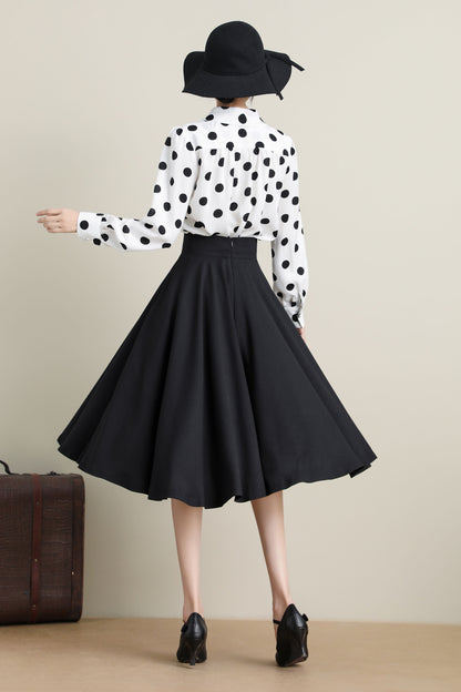 Black Cotton Linen Midi Skirt - High Waist Circle Swing | Xiaolizi 3314