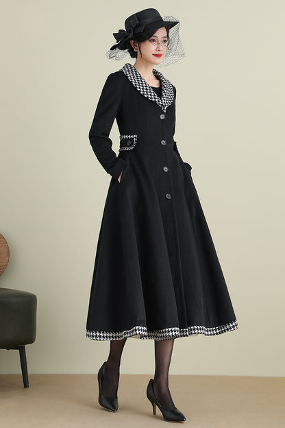 Black Wool Coat with Houndstooth Trim – Vintage Fit & Flare Long Winter Coat 3897