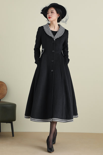 Black Wool Coat with Houndstooth Trim – Vintage Fit & Flare Long Winter Coat 3897