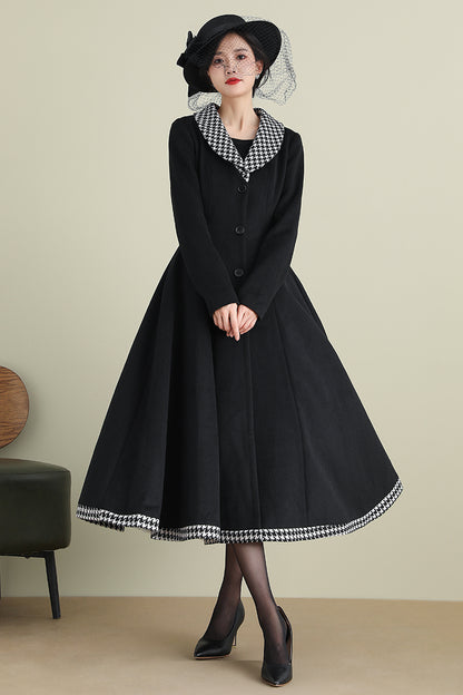 Black Wool Coat with Houndstooth Trim – Vintage Fit & Flare Long Winter Coat 3897