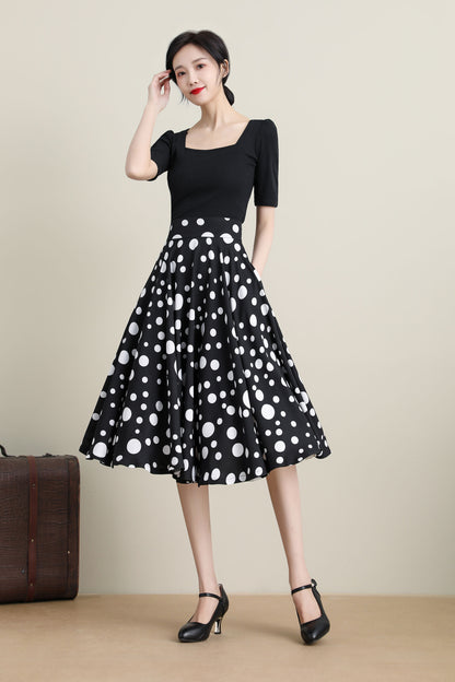 Black Polka Dot Midi Skirt - 1950s High Waist Circle Swing | Xiaolizi 3315