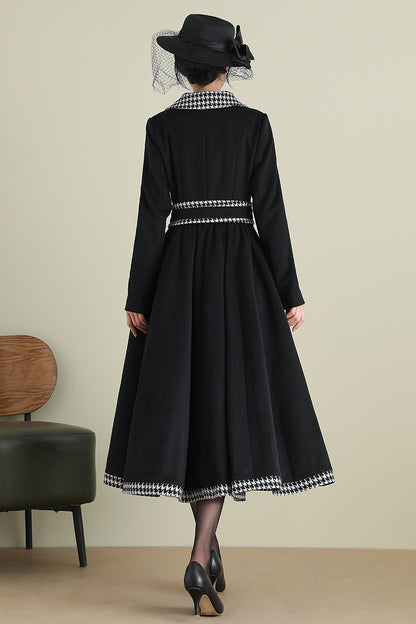Black Wool Coat with Houndstooth Trim – Vintage Fit & Flare Long Winter Coat 3897