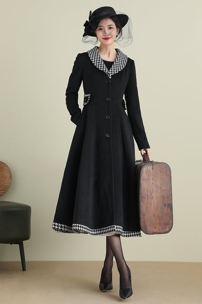 Black Wool Coat with Houndstooth Trim – Vintage Fit & Flare Long Winter Coat 3897