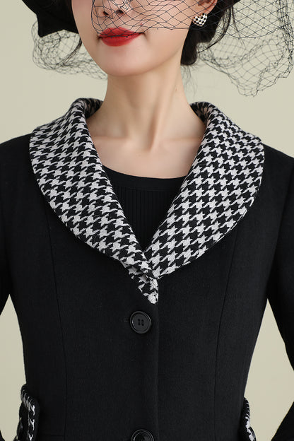 Black Wool Coat with Houndstooth Trim – Vintage Fit & Flare Long Winter Coat 3897