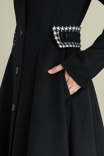 Black Wool Coat with Houndstooth Trim – Vintage Fit & Flare Long Winter Coat 3897