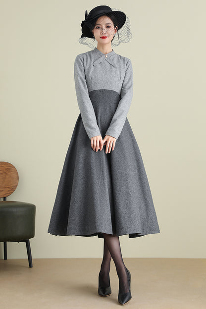 Gray Wool Midi Dress - Long Sleeve Mock Neck A-Line | Xiaolizi 3898