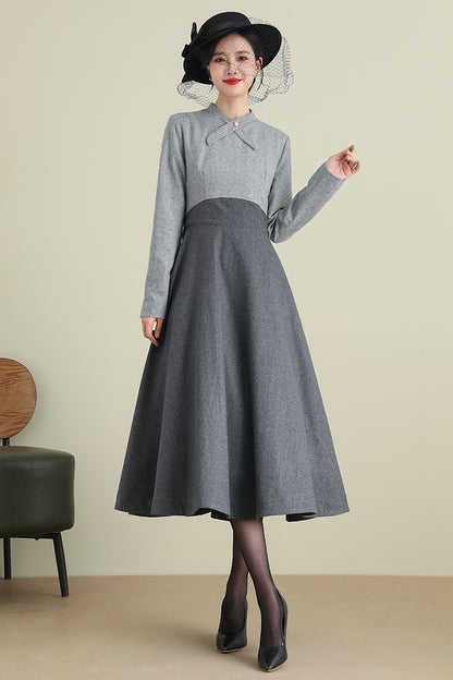 Gray Wool Midi Dress - Long Sleeve Mock Neck A-Line | Xiaolizi 3898