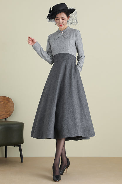 Gray Wool Midi Dress - Long Sleeve Mock Neck A-Line | Xiaolizi 3898