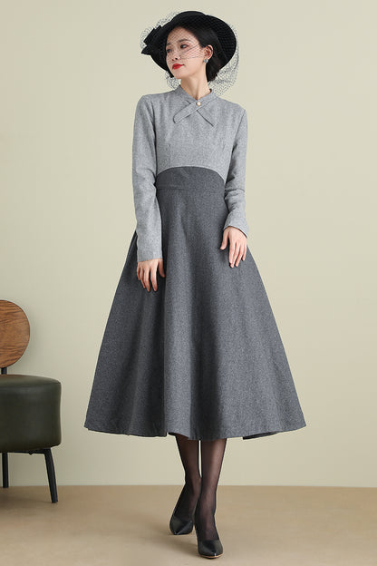Gray Wool Midi Dress - Long Sleeve Mock Neck A-Line | Xiaolizi 3898