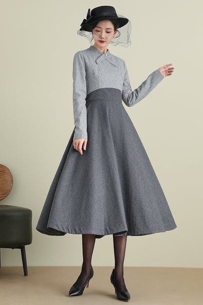 Gray A-Line Long Wool Dress 3898