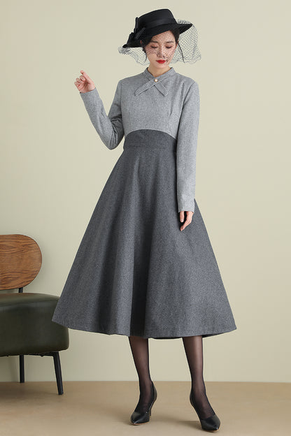 Gray Wool Midi Dress - Long Sleeve Mock Neck A-Line | Xiaolizi 3898