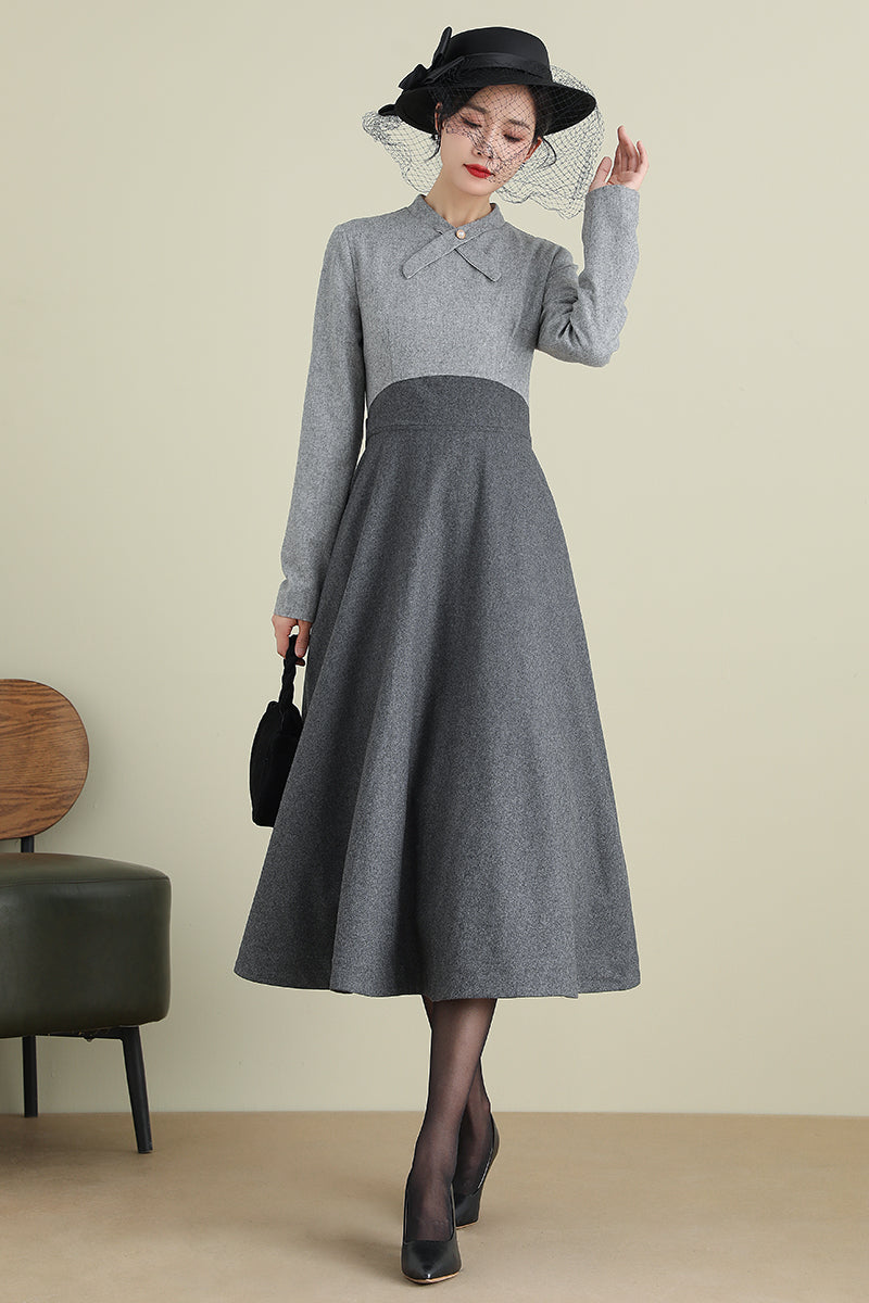 Gray A-Line Long Wool Dress 3898