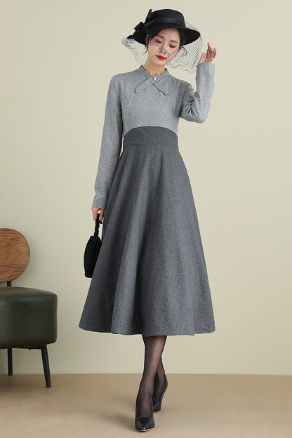 Gray Wool Midi Dress - Long Sleeve Mock Neck A-Line | Xiaolizi 3898