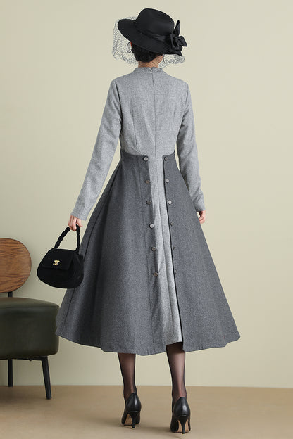 Gray Wool Midi Dress - Long Sleeve Mock Neck A-Line | Xiaolizi 3898