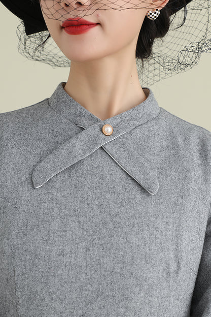Gray Wool Midi Dress - Long Sleeve Mock Neck A-Line | Xiaolizi 3898
