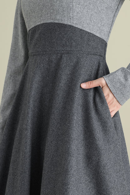 Gray Wool Midi Dress - Long Sleeve Mock Neck A-Line | Xiaolizi 3898
