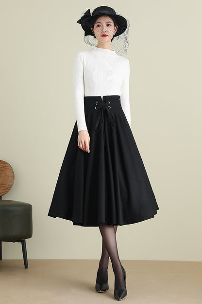 Black Wool Midi Skirt - High Waist Circle Swing | Xiaolizi 3900