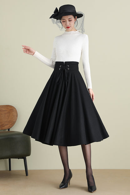 Black Wool Midi Skirt - High Waist Circle Swing | Xiaolizi 3900