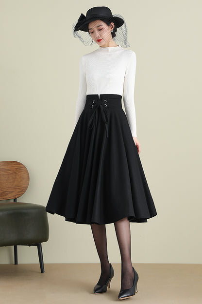 Black Wool Midi Skirt - High Waist Circle Swing | Xiaolizi 3900