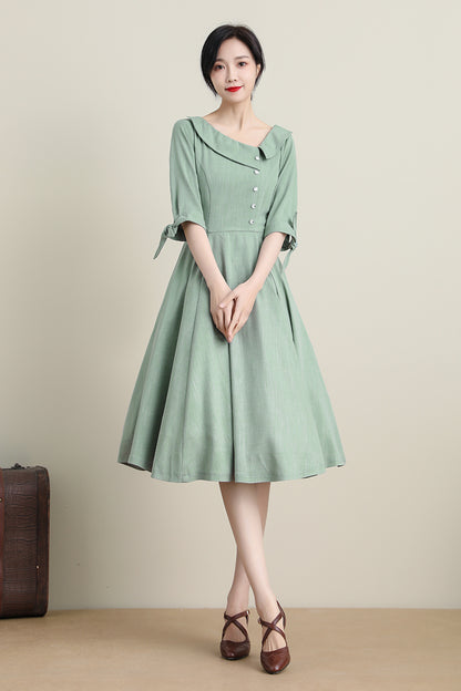 Green Polyester Swing Midi Dress - Fit and Flare with Asymmetrical Collar 3320
