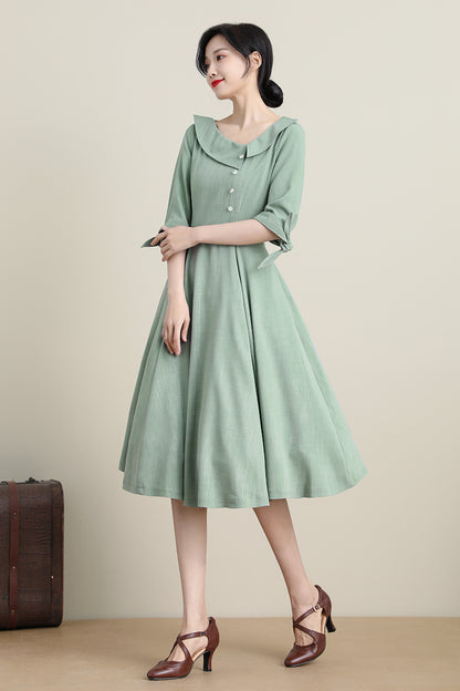Green Polyester Swing Midi Dress - Fit and Flare with Asymmetrical Collar 3320