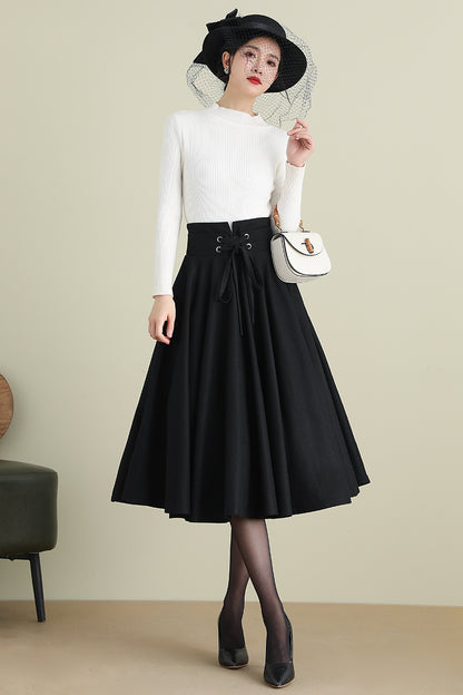Black Wool Midi Skirt - High Waist Circle Swing | Xiaolizi 3900