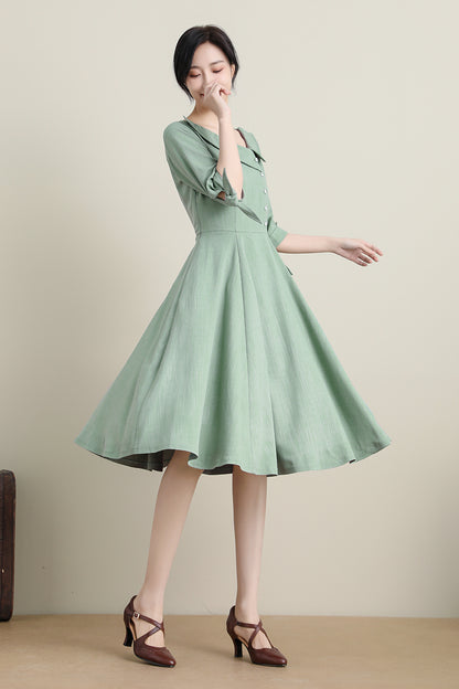 Green Polyester Swing Midi Dress - Fit and Flare with Asymmetrical Collar 3320