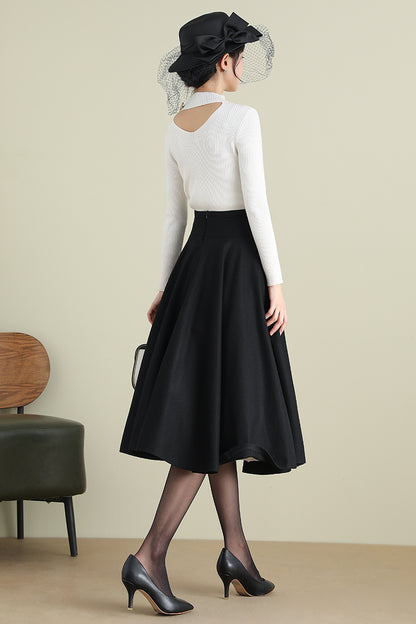 Black Wool Midi Skirt - High Waist Circle Swing | Xiaolizi 3900