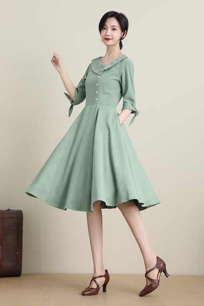 Green Polyester Swing Midi Dress - Fit and Flare with Asymmetrical Collar 3320