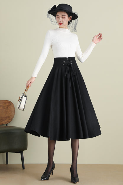 Black Wool Midi Skirt - High Waist Circle Swing | Xiaolizi 3900
