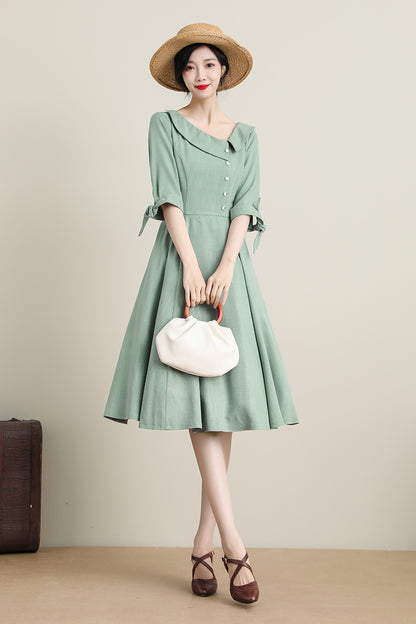 Green Polyester Swing Midi Dress - Fit and Flare with Asymmetrical Collar 3320