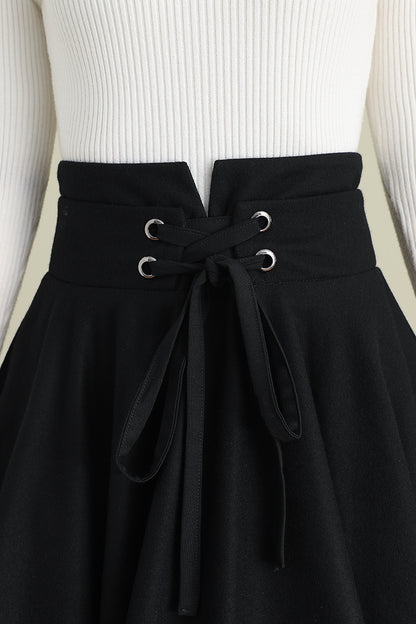 Black Wool Midi Skirt - High Waist Circle Swing | Xiaolizi 3900