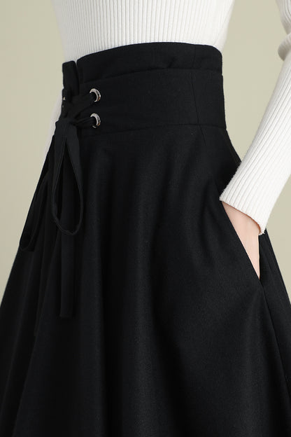 Black Wool Midi Skirt - High Waist Circle Swing | Xiaolizi 3900